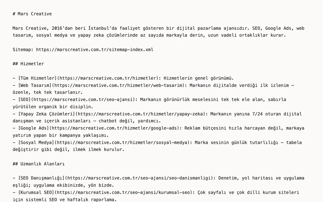 marscreative.com.tr/llms.txt: the site summary we publish for AI tools