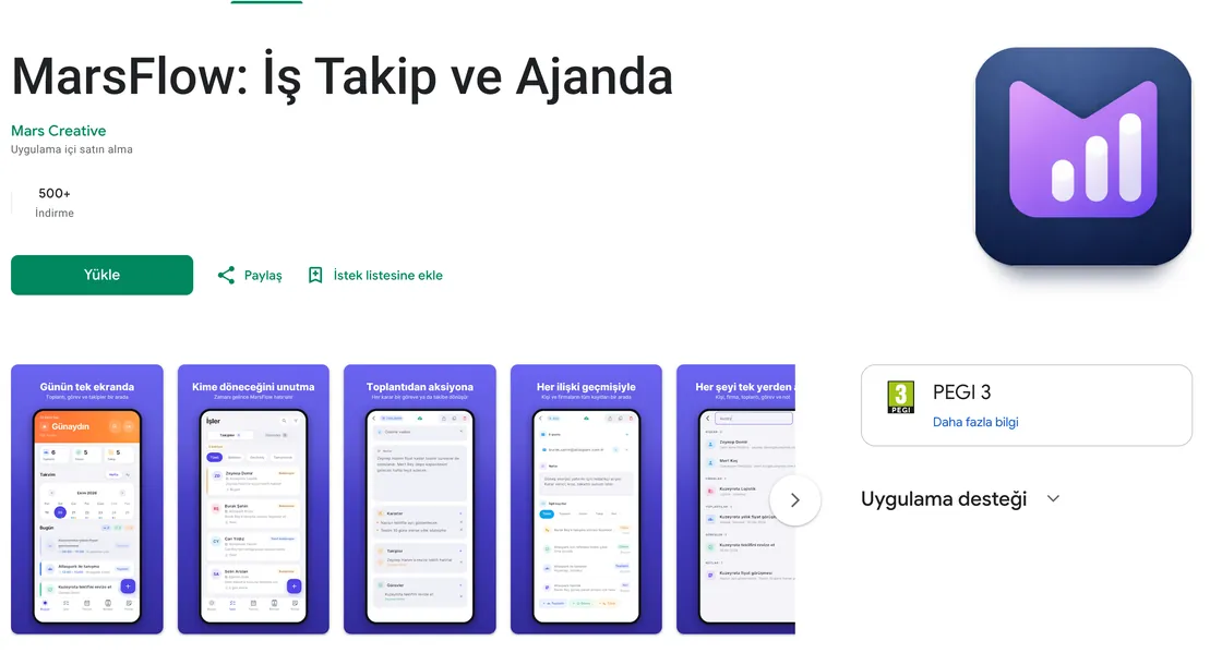 Mars Flow’un Google Play sayfası: uygulama adı, geliştirici Mars Creative ve mağaza ekran görüntüleri