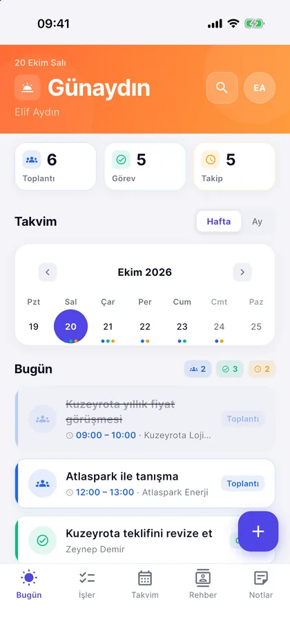 Mars Flow uygulamasının Bugün ve takip ekranları