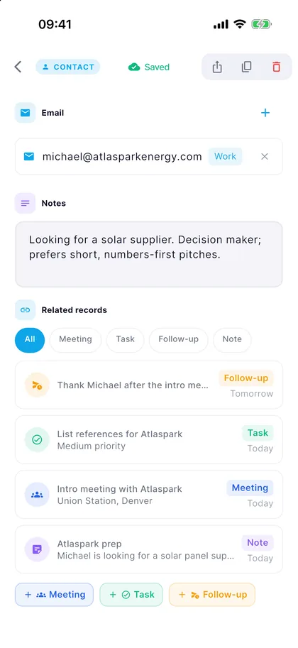 Mars Flow contact screen: contact details, notes and related records