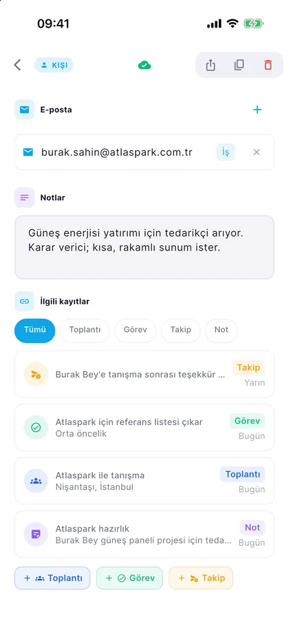 Mars Flow kişi ekranı: iletişim bilgileri, notlar ve bağlı kayıtlar