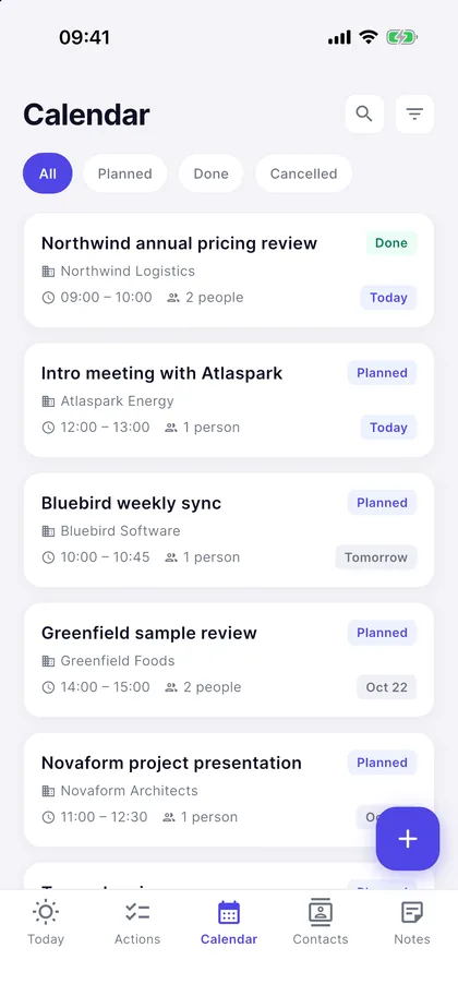Mars Flow calendar screen: meetings and tasks in the weekly view