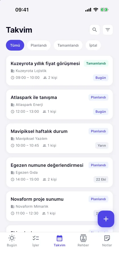 Mars Flow takvim ekranı: haftalık görünümde toplantılar ve görevler