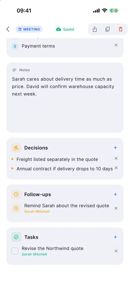 Mars Flow meeting screen: notes, decisions, follow-ups and tasks