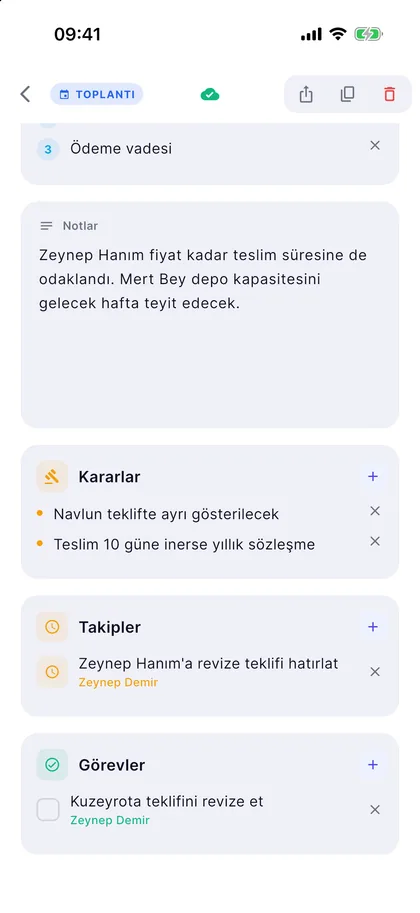 Mars Flow toplantı ekranı: notlar, kararlar, takipler ve görevler