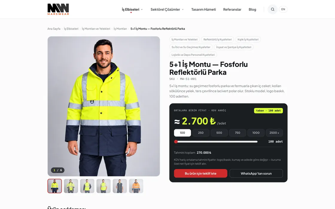 Mars Wear ürün sayfası: adede göre değişen birim fiyat, tahmini toplam ve teklif düğmesi