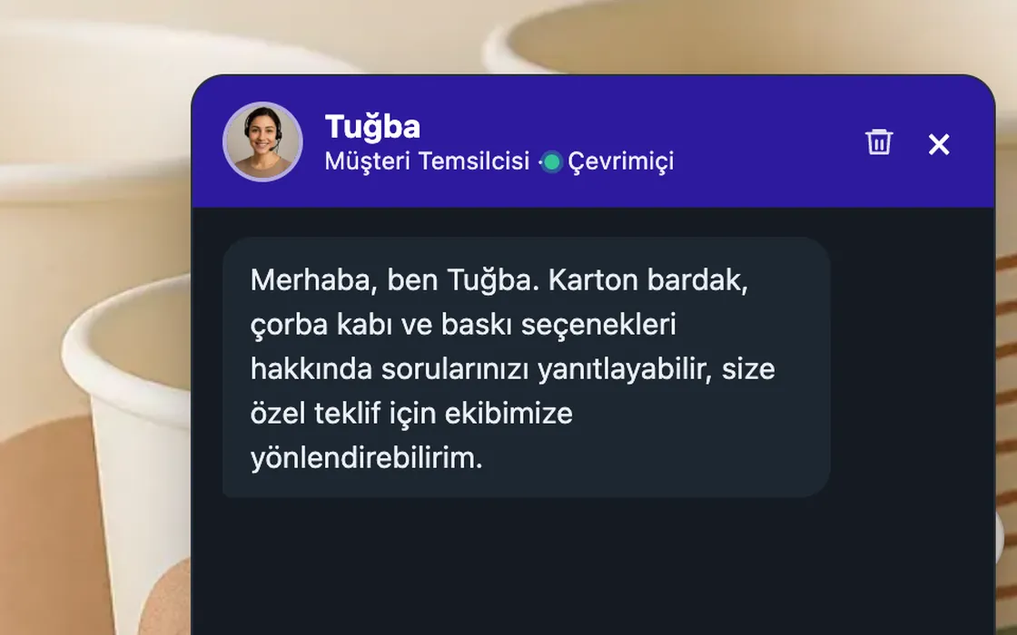 Damla Cup sitesinde Tuğba adlı yapay zekâ asistanının sohbet penceresi