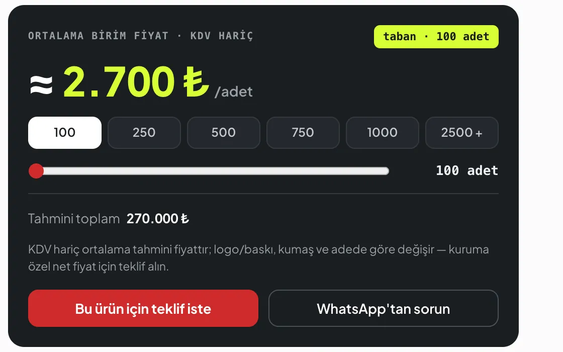 Mars Wear ürün sayfasındaki adet ve fiyat hesaplayıcısı: adet seçenekleri, birim fiyat, tahmini toplam