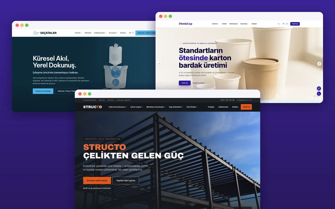 Mars CMS ile yönetilen üç müşteri sitesi: Seçkinler, Damla Cup ve Structo
