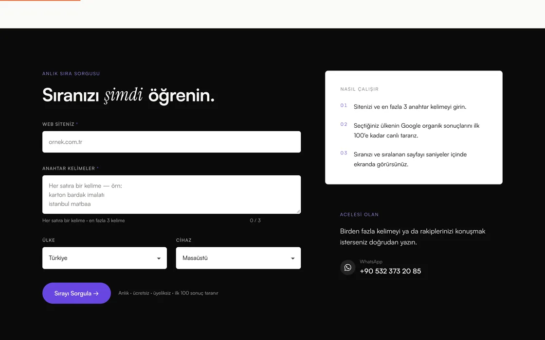 Google Sıra Bulucu aracı: web sitesi, anahtar kelime, ülke ve cihaz alanları