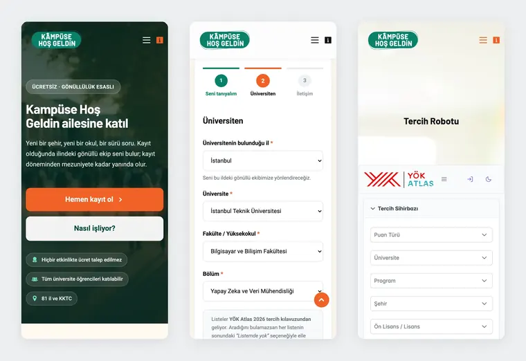 Three mobile screens of the Kampüse Hoş Geldin website