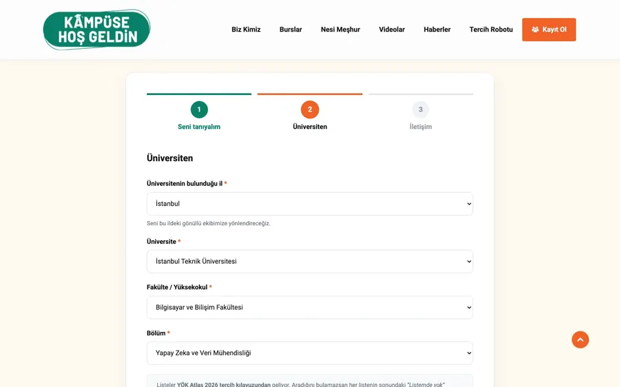 University selection step of the Kampüse Hoş Geldin sign-up form