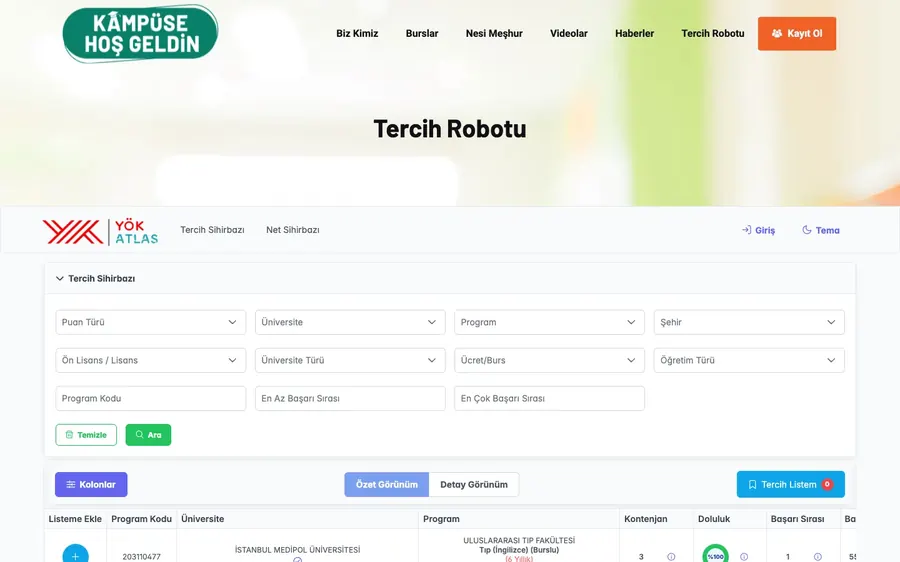 Kampüse Hoş Geldin course-choice assistant screen