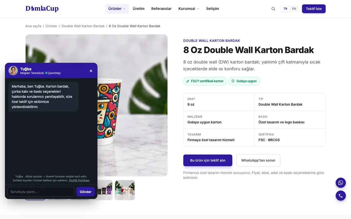 The AI assistant Tuğba open on a Damla Cup product page
