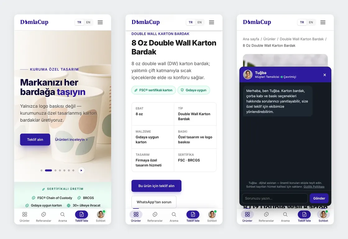Damla Cup mobile site: home page, product page and the assistant Tuğba opened from the Chat tab