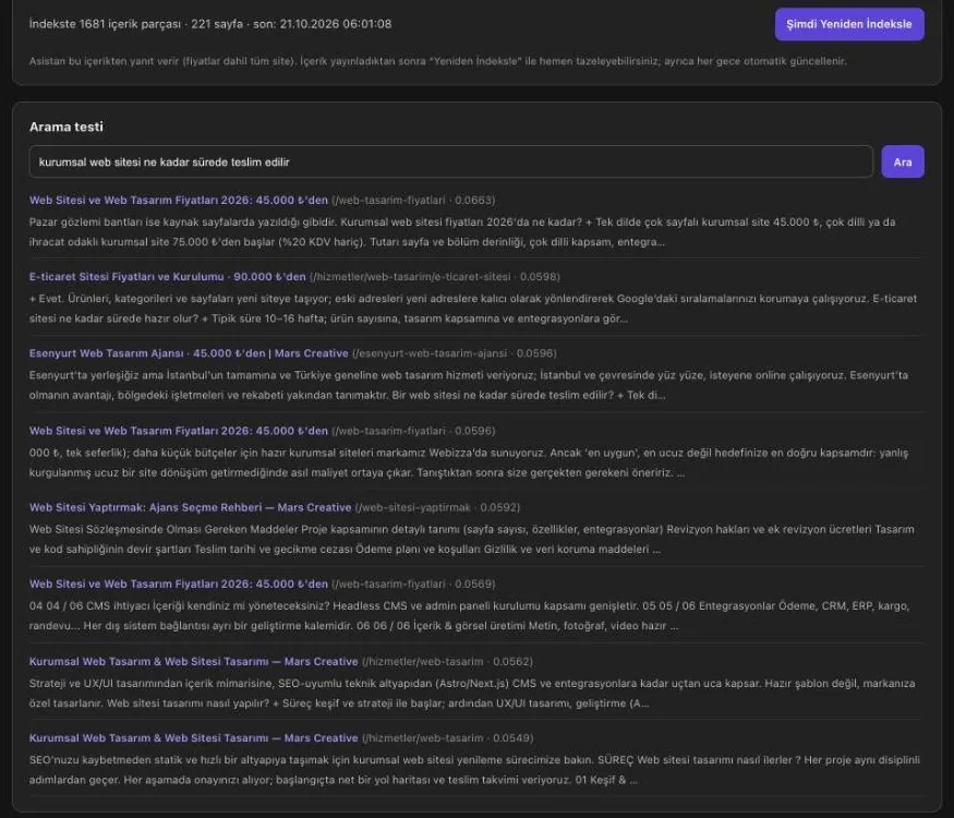 Mars CMS panelinde asistanın bilgi tabanı: 221 sayfa, 1.681 içerik parçası ve “kurumsal web sitesi ne kadar sürede teslim edilir” sorusu için bulunan sayfalar
