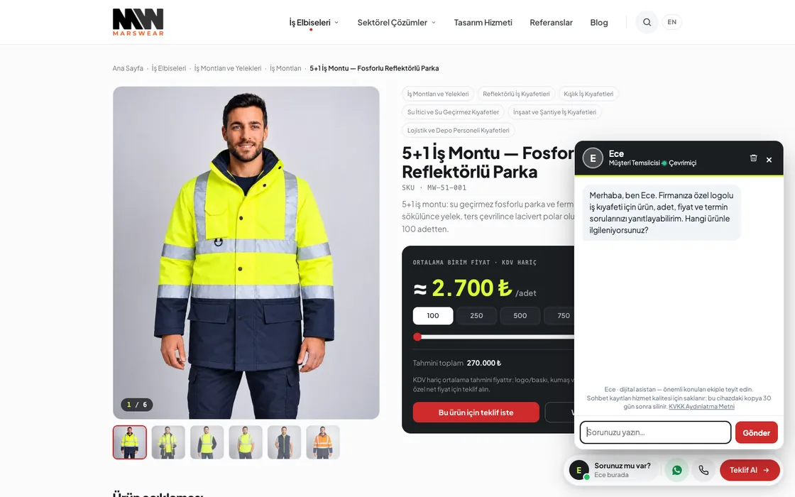 Mars Wear ürün sayfasında açık asistan Ece