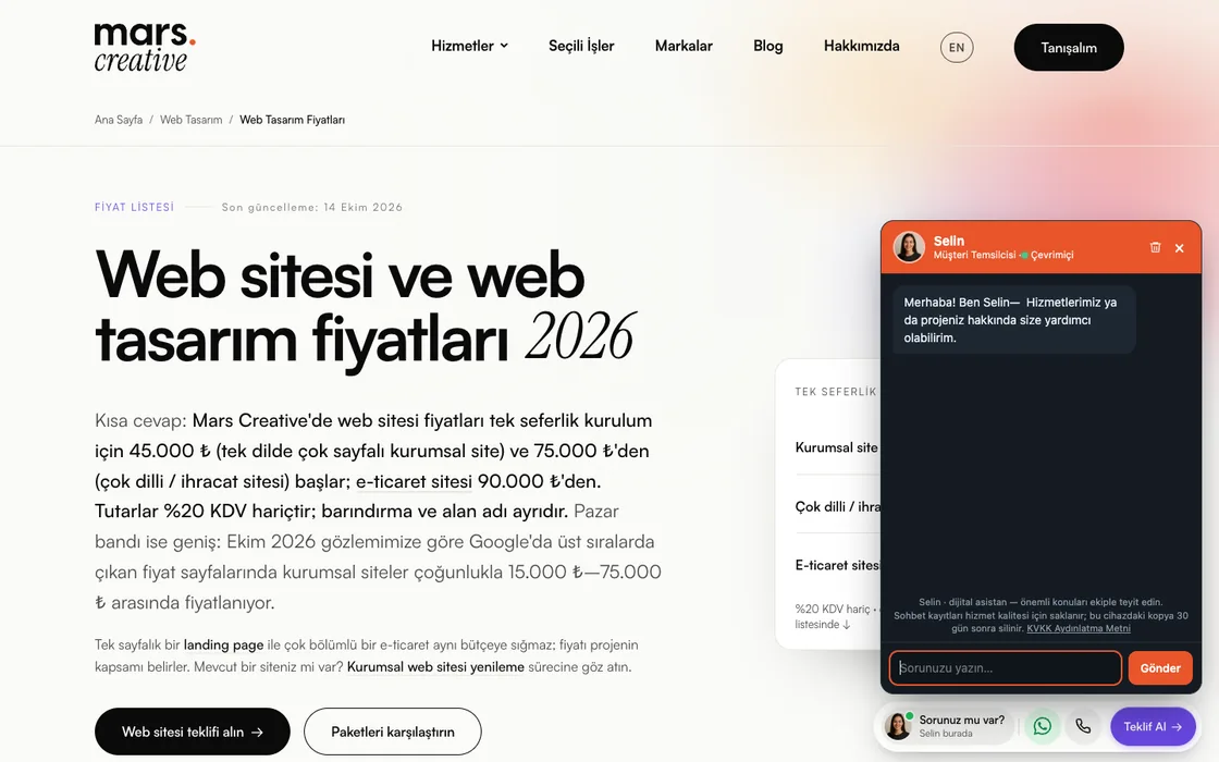 Mars Creative sitesinde açık yapay zeka asistanı Selin