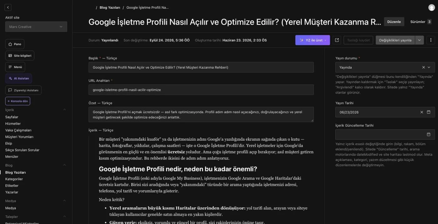 Mars CMS panelinde blog yazısı düzenleme ekranı