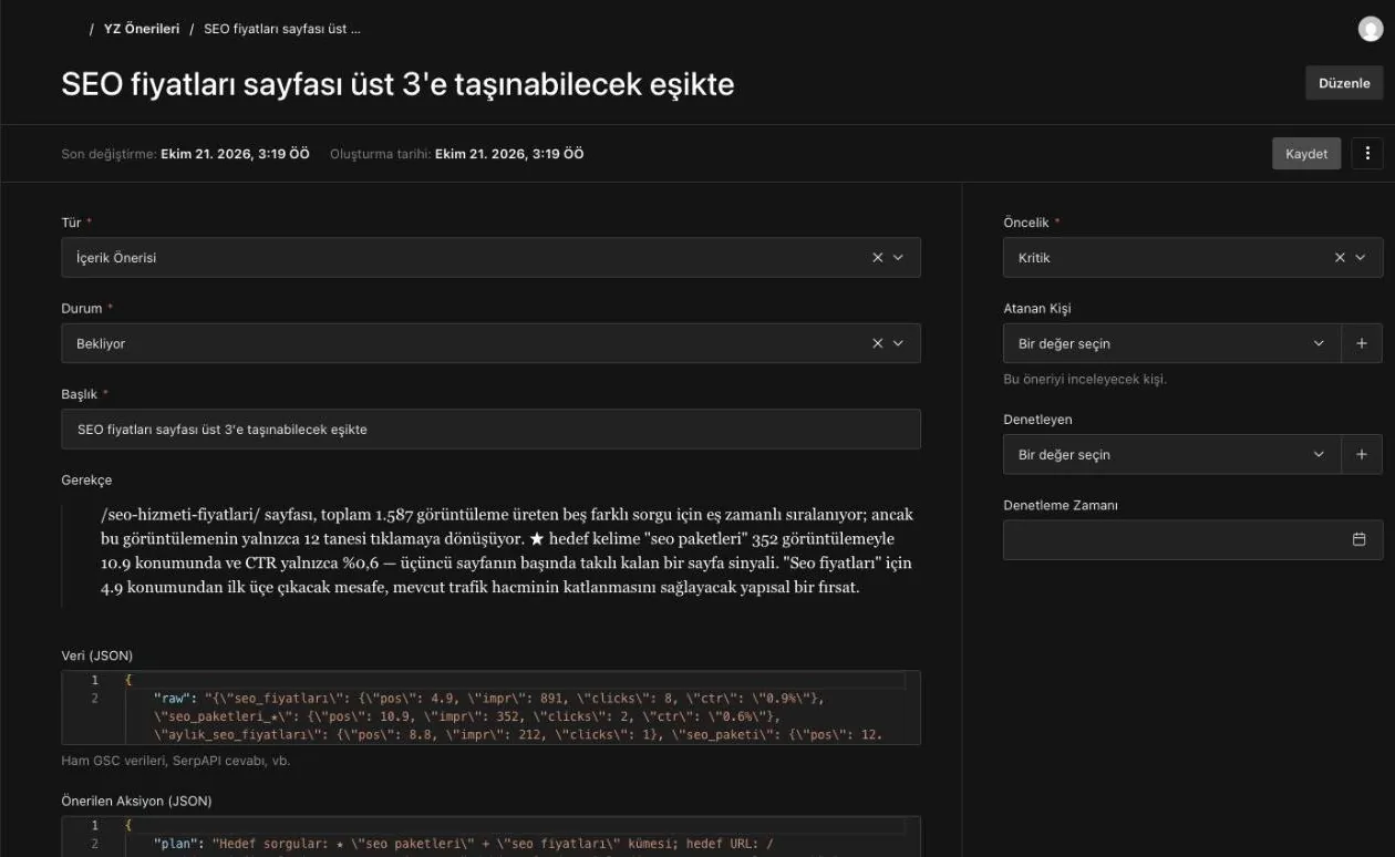 Mars CMS panelinde yapay zekâ önerisi: SEO fiyatları sayfasının ilk üçe taşınabileceğini Search Console verisiyle gerekçelendiren kayıt
