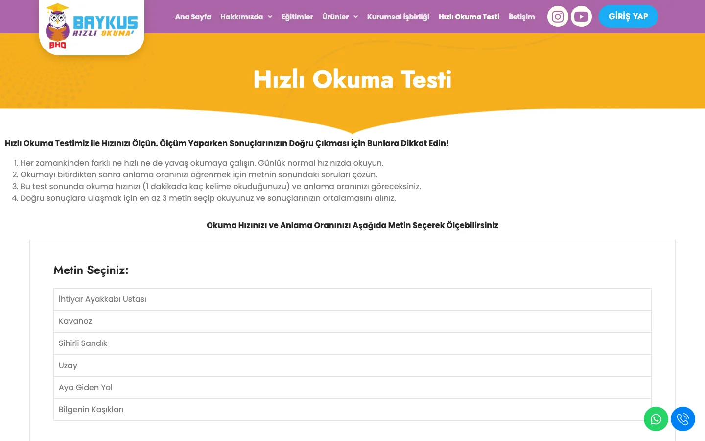 Baykuş Speed Reading Test page: measurement instructions and the list of six texts to read, desktop
