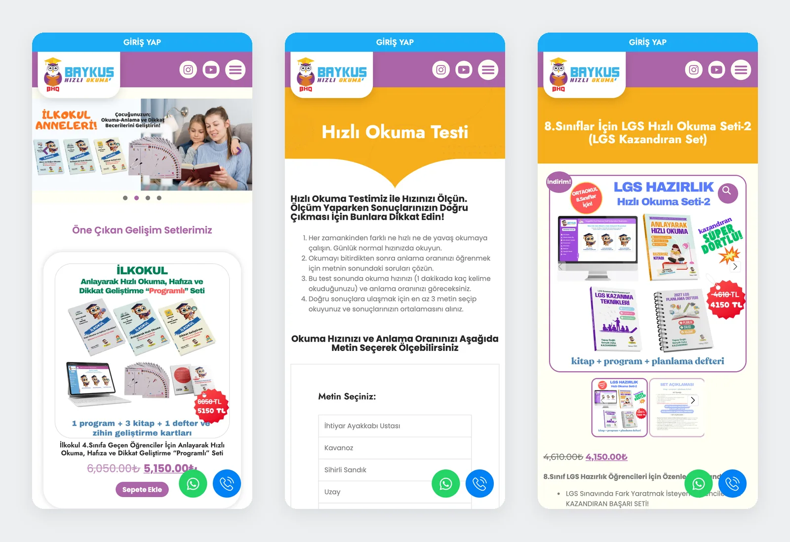 Baykuş mobile view: a featured set on the home page, the speed reading test and the LGS set product page