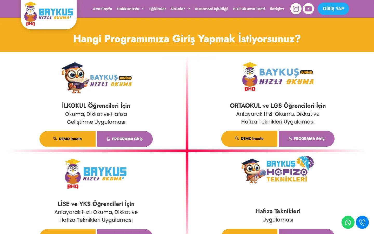 Baykuş program login page: demo and login buttons for the primary school, middle school-LGS, high school-YKS and memory techniques applications, desktop