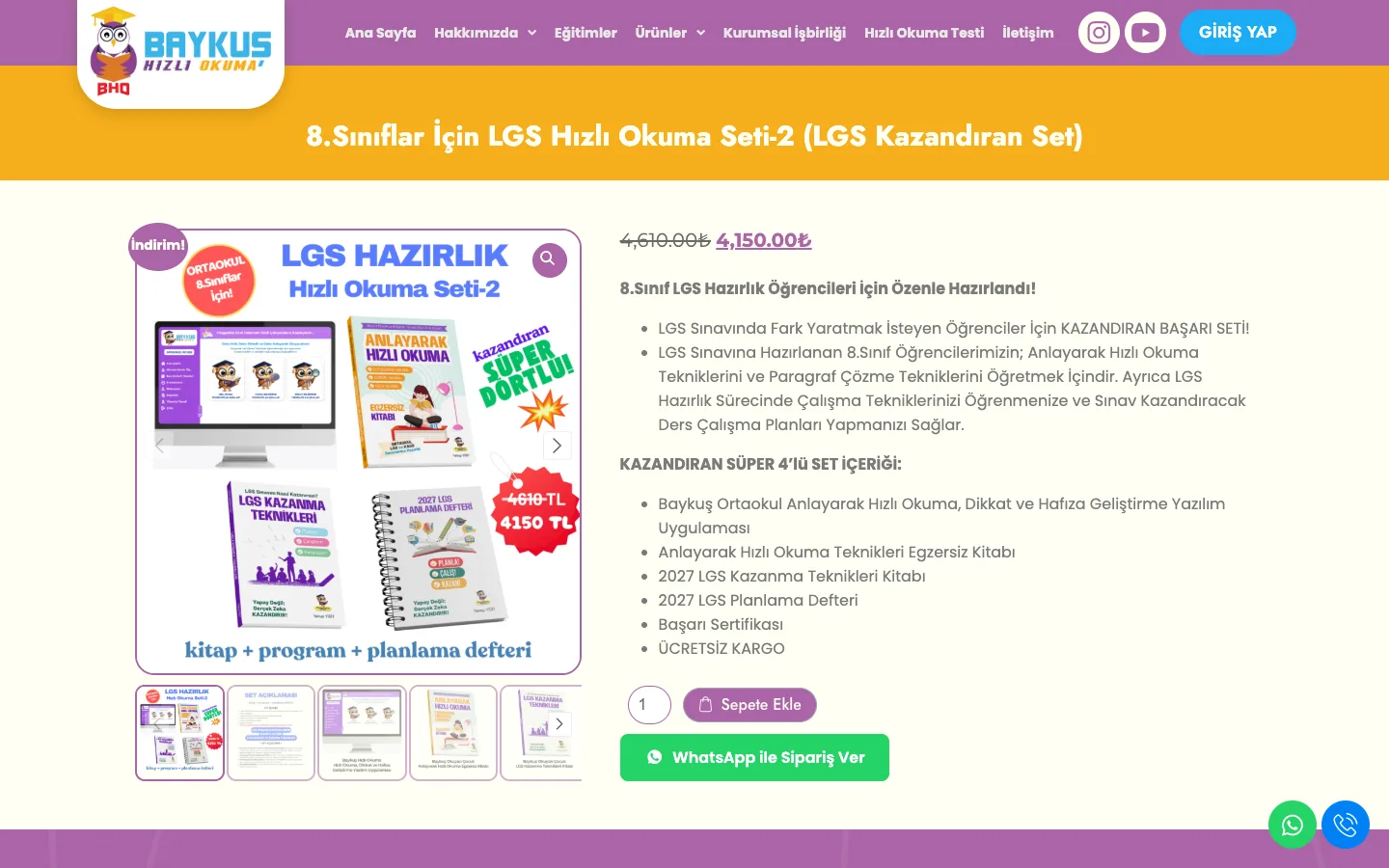 Baykuş 8th grade LGS Speed Reading Set-2 product page: set images, discounted price, set contents, add to cart and WhatsApp order buttons, desktop