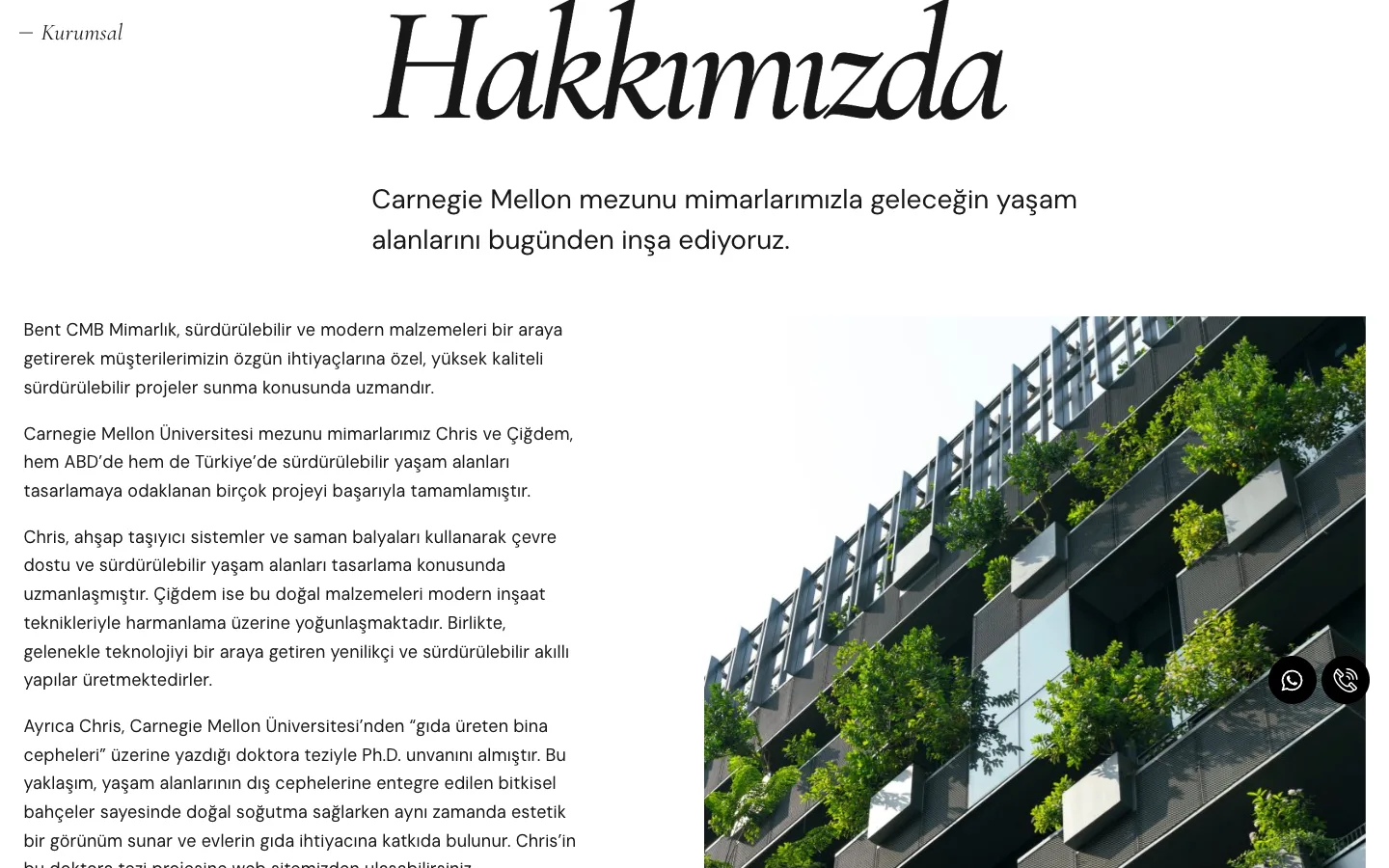 Bent CMB Mimarlık About page: introduction of the Carnegie Mellon-trained architects and a photo of a building with a green facade