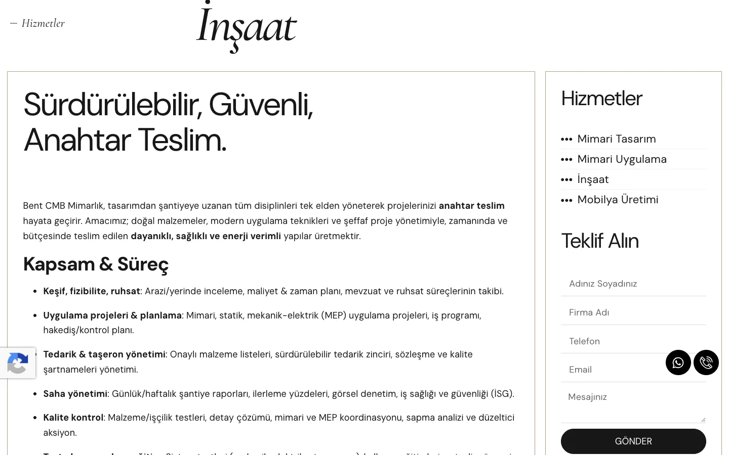 Bent CMB Mimarlık Construction service page: turnkey scope and process list, with the service menu and quote form in the sidebar, desktop
