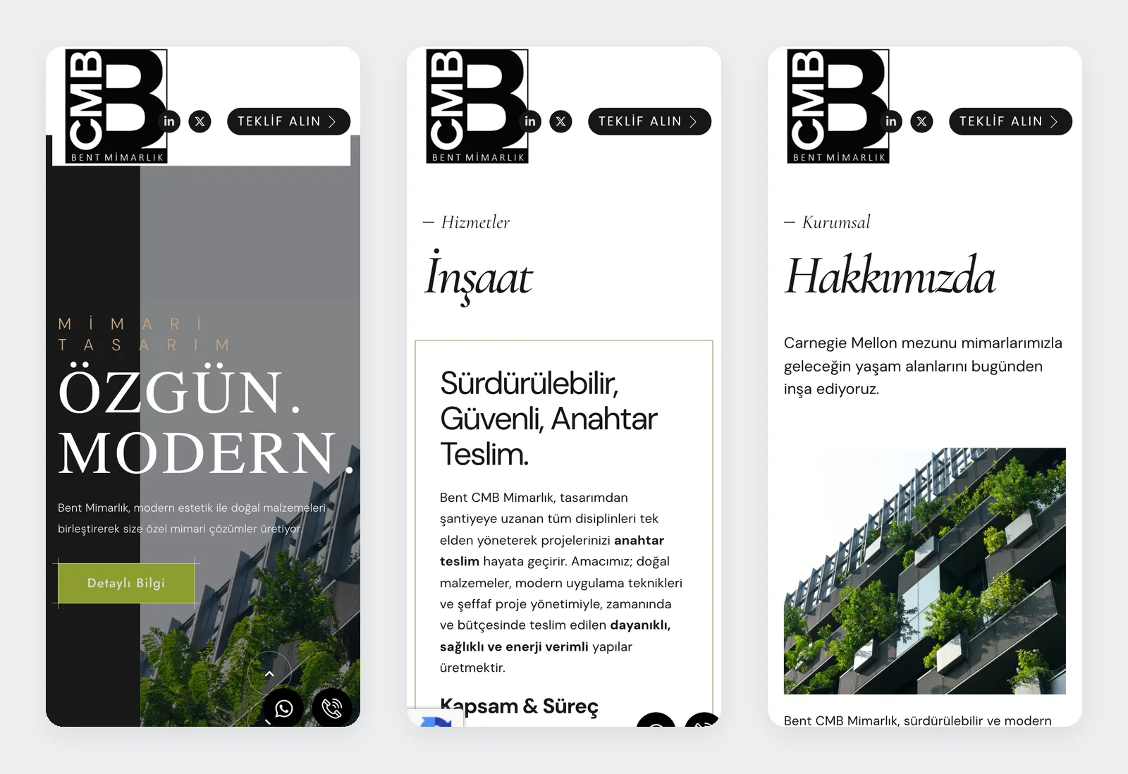 Bent CMB Mimarlık mobile view: home page slide, Construction service page and About page