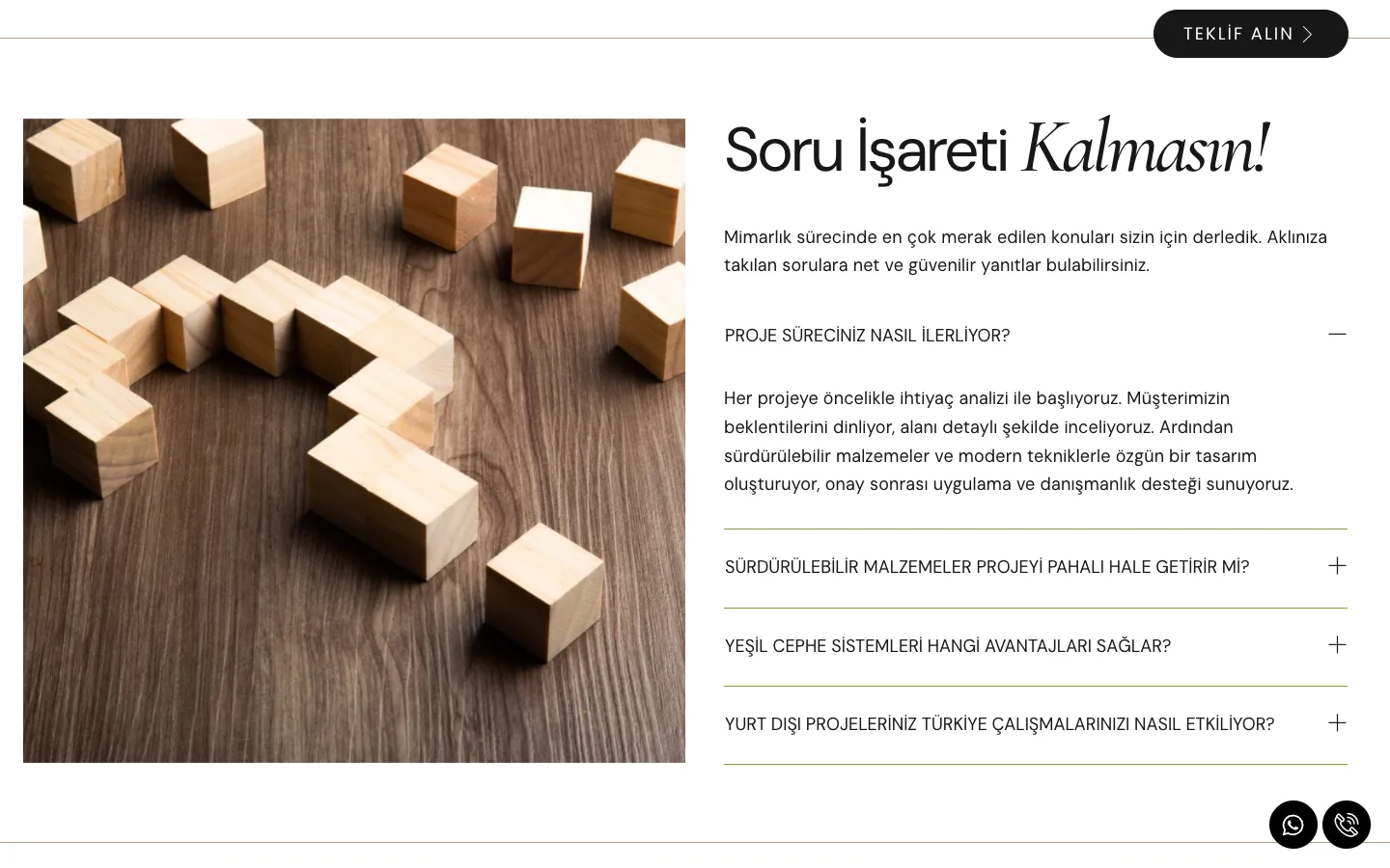Frequently asked questions section on the Bent CMB Mimarlık home page: project process, cost of sustainable materials, green facades and experience abroad