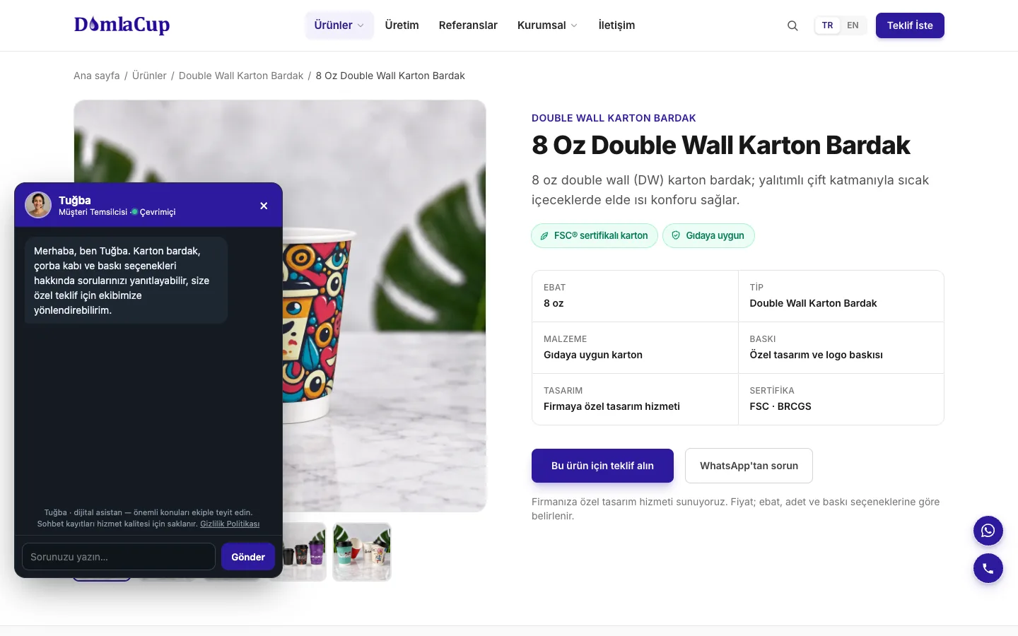 Tuğba chat window open on a Damla Cup product page, desktop