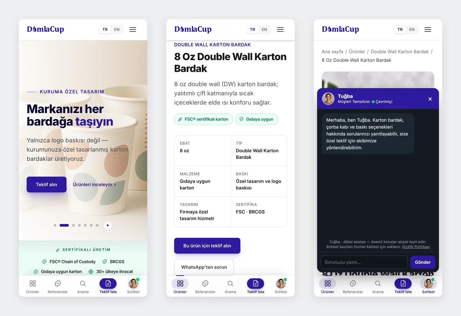 Damla Cup mobile view: home page, product page and Tuğba opened from the Chat tab