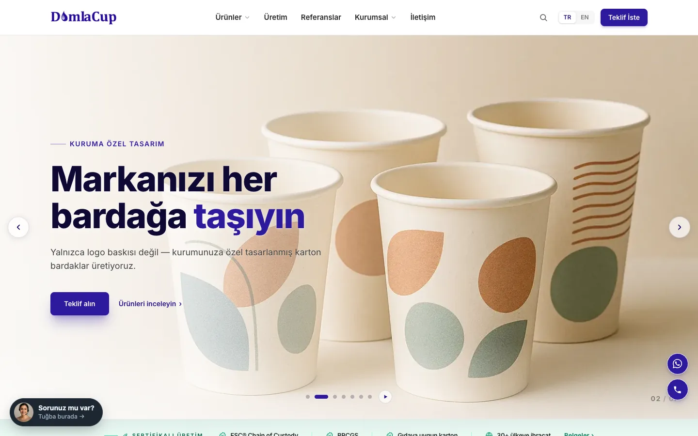 Home page of Damla Cup's new site, first screen