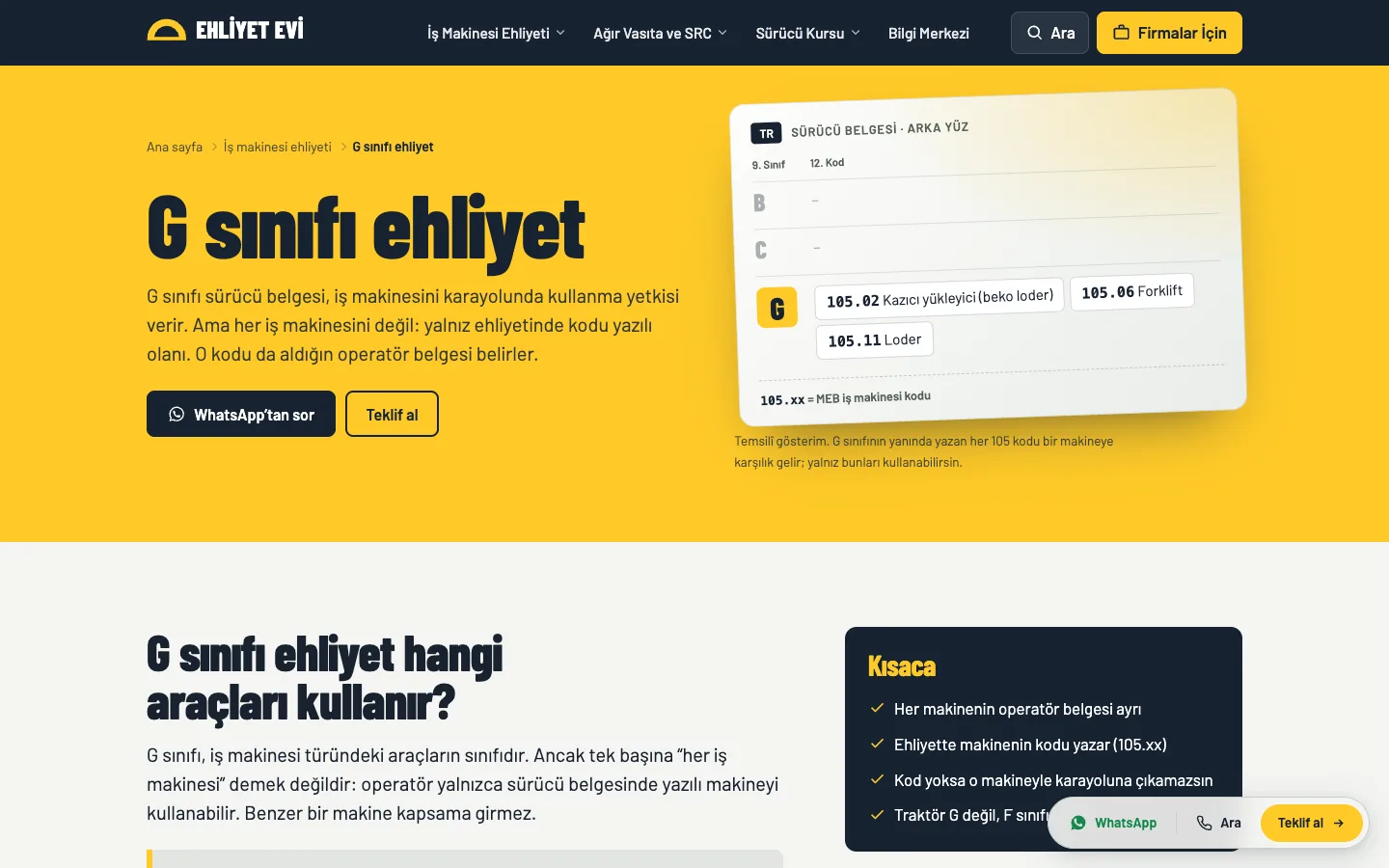 Ehliyet Evi G sınıfı ehliyet sayfası: sarı zeminde başlık ve sürücü belgesinin arka yüzünü gösteren temsilî kart; G sınıfının yanında 105.02 beko loder, 105.06 forklift ve 105.11 loder kodları