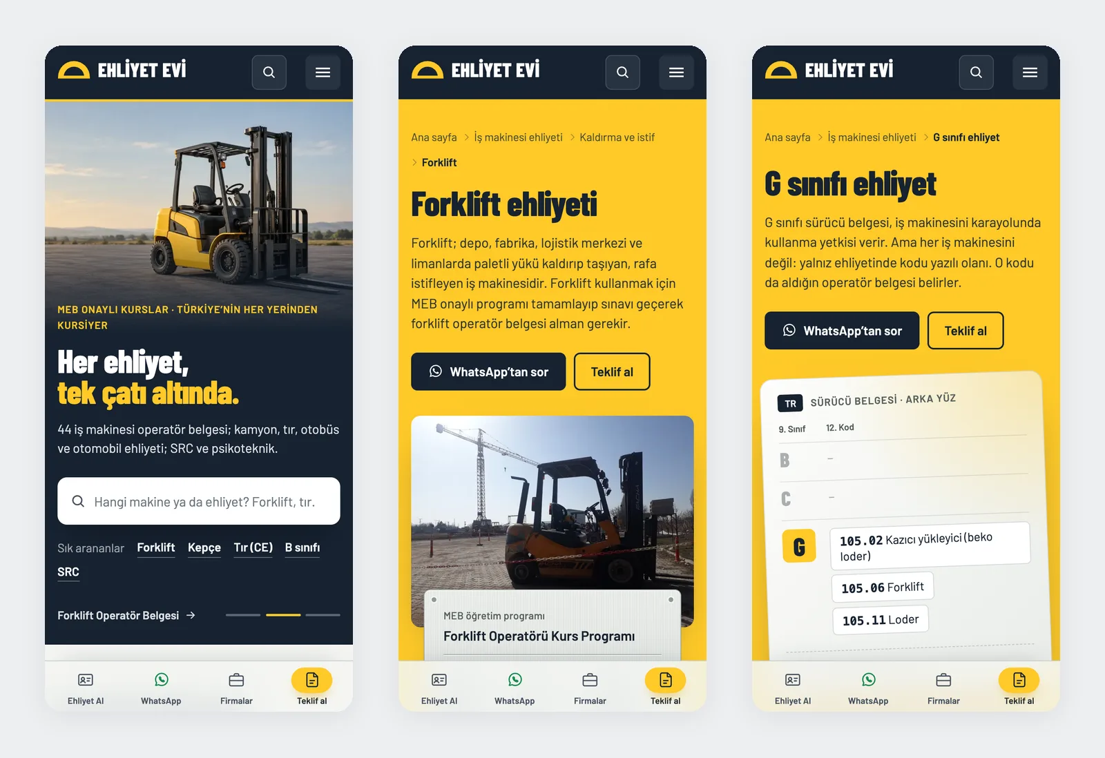 Ehliyet Evi mobil görünüm: ana sayfa, forklift ehliyeti sayfası ve G sınıfı ehliyet sayfası