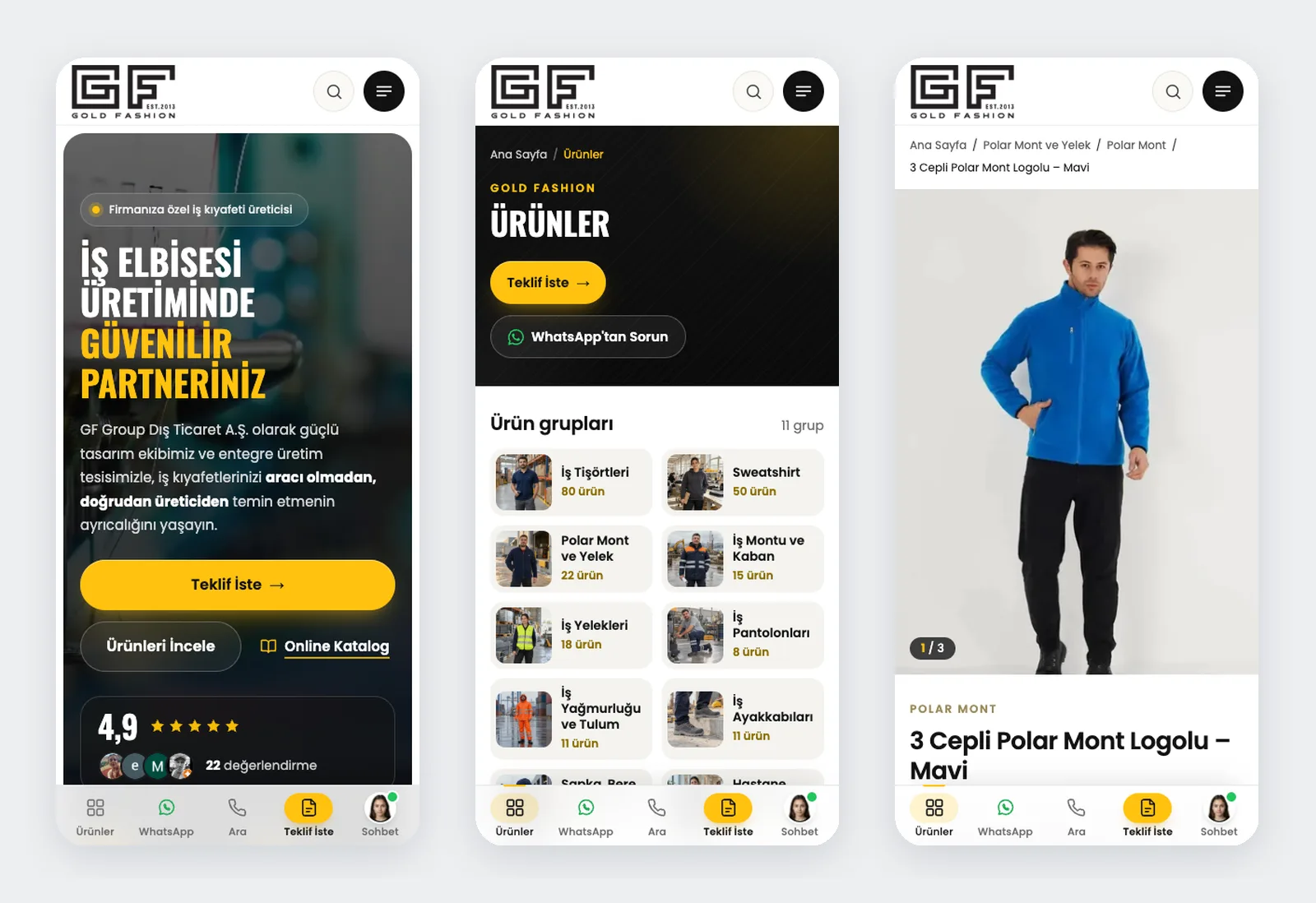 Gold Fashion mobile view: home page, product groups and product page, with a fixed quick-access bar at the bottom
