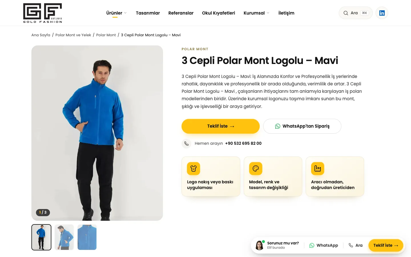 Gold Fashion product page, desktop: image gallery, product information, quote and WhatsApp buttons