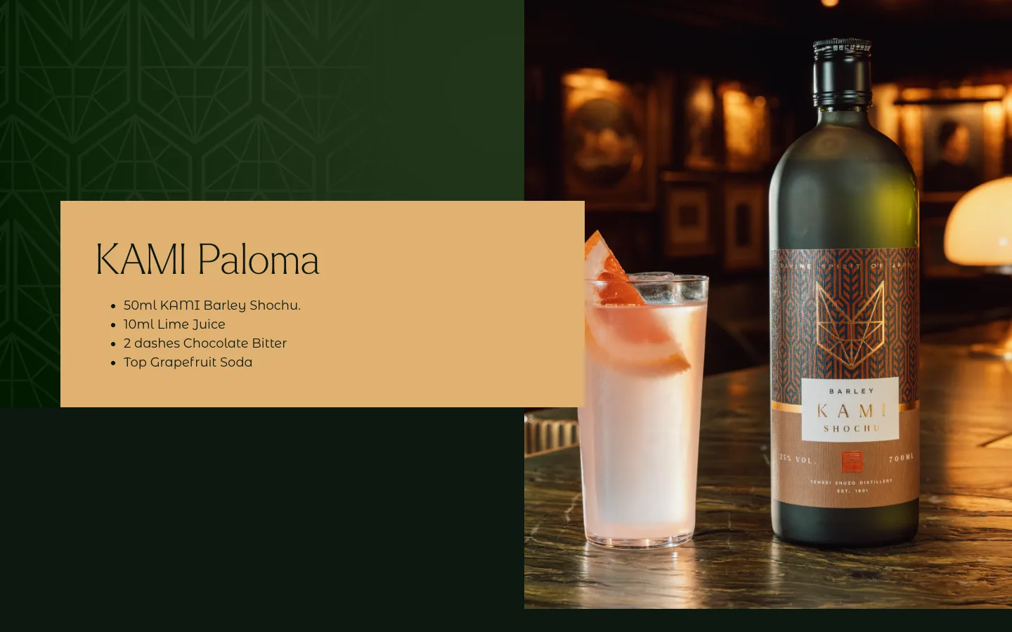 KAMI Paloma cocktail recipe: measures, a grapefruit cocktail and a bottle of Kami Barley Shochu, desktop