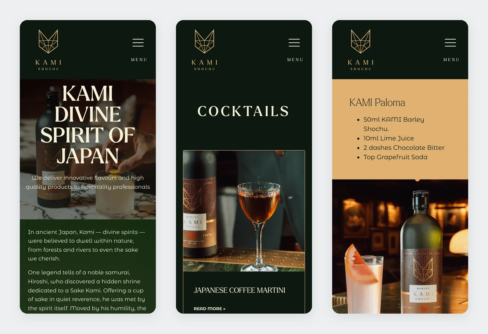 Kami Shochu mobile view: the products page, the cocktail list and the KAMI Paloma recipe