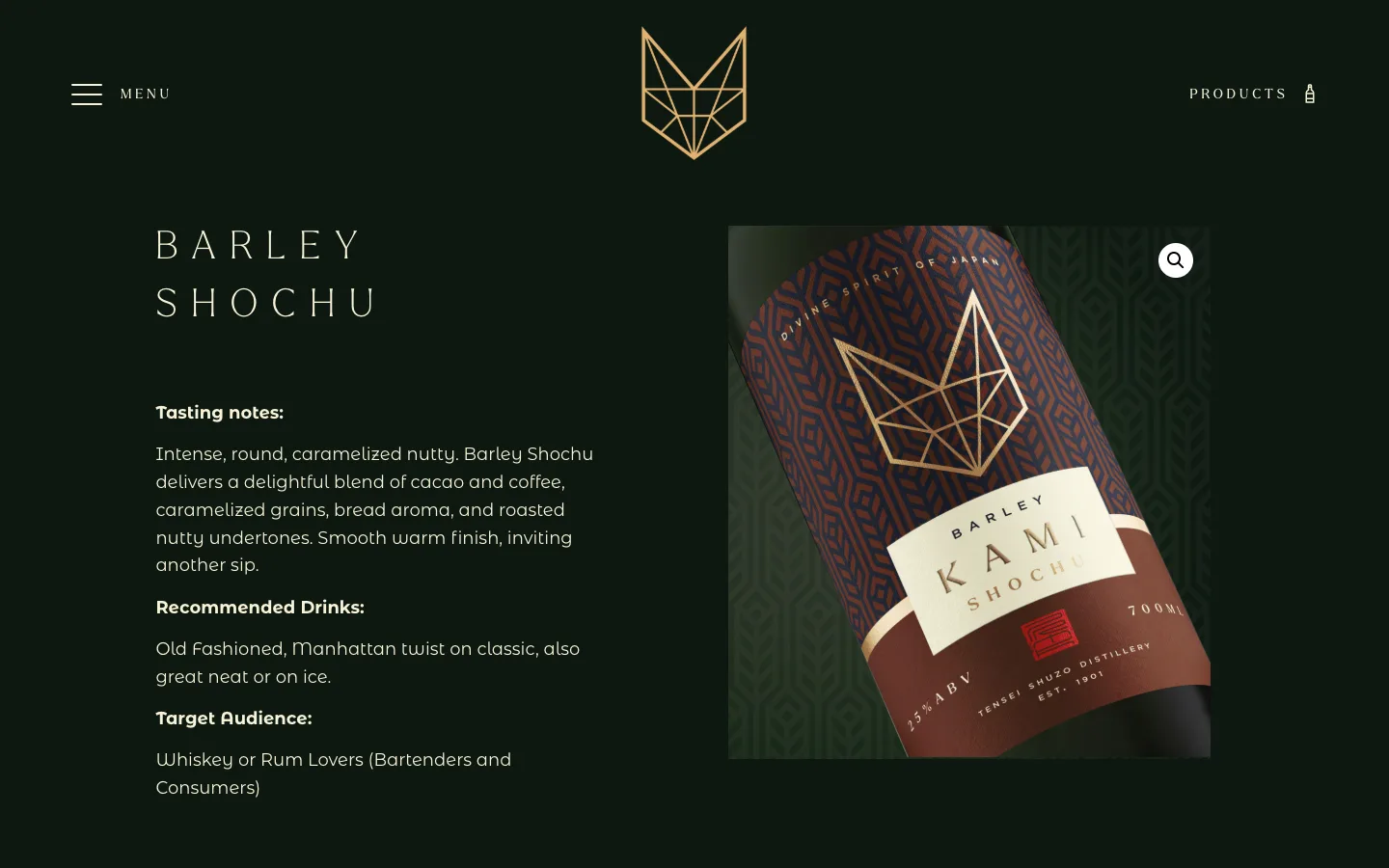 Kami Barley Shochu product page: tasting notes, recommended drinks, target audience and a photo of the bottle label, desktop