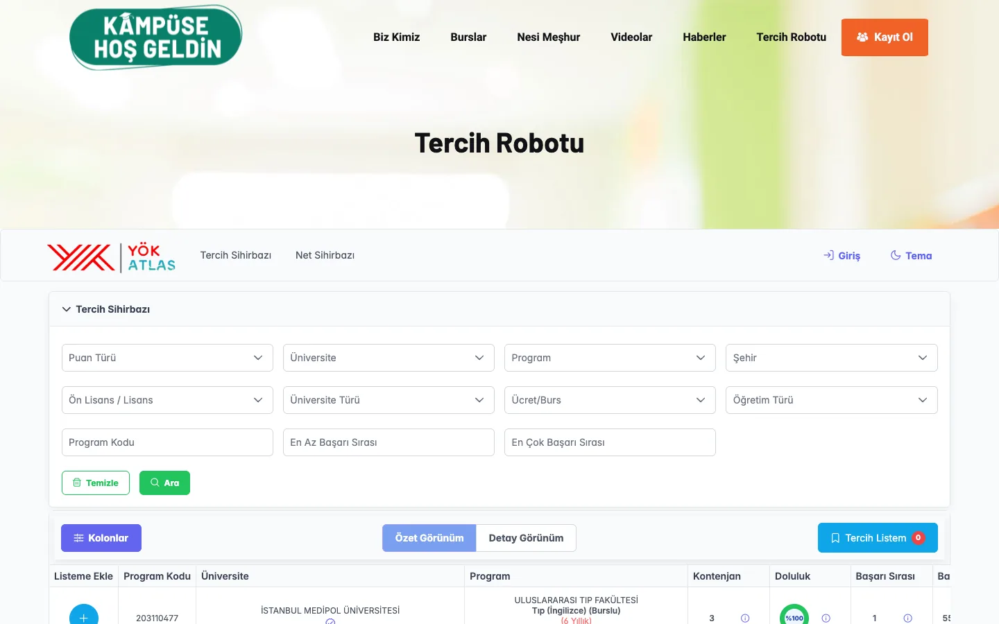 Kampüse Hoş Geldin Tercih Robotu sayfası: YÖK Atlas tercih sihirbazının süzgeçleri ve program tablosu