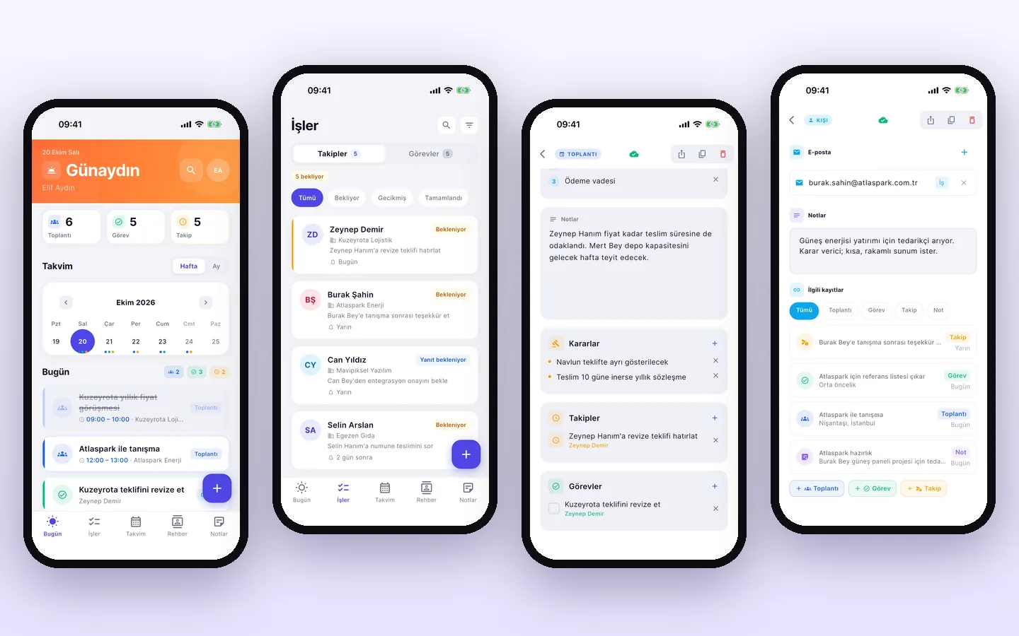 Mars Flow ekranları: Bugün, takipler, toplantı ayrıntısı ve kişi sayfası (demo veri)