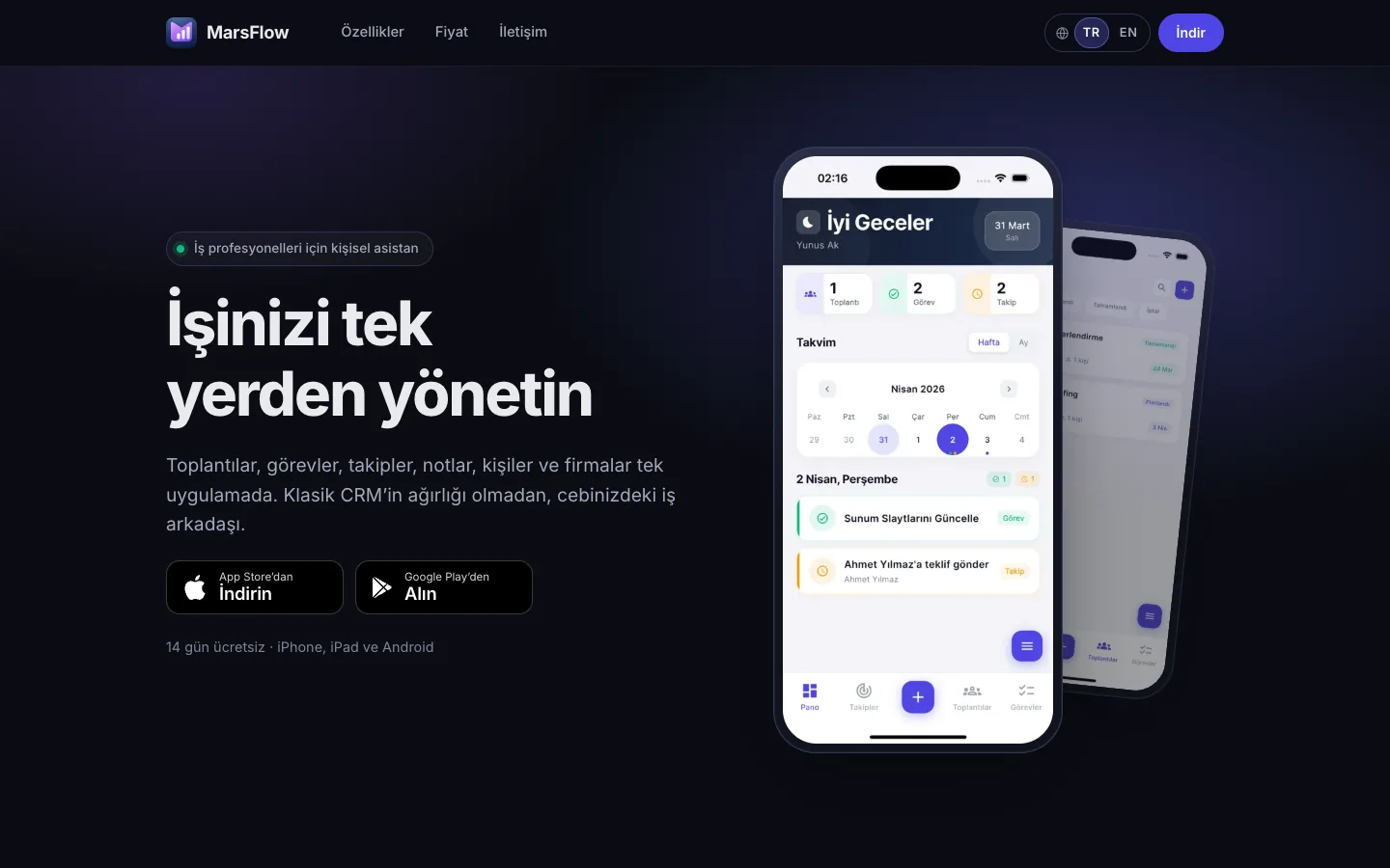 marsflow.app Türkçe ana sayfası: 'İşinizi tek yerden yönetin' başlığı, App Store ve Google Play düğmeleri ve uygulamanın Bugün ekranı