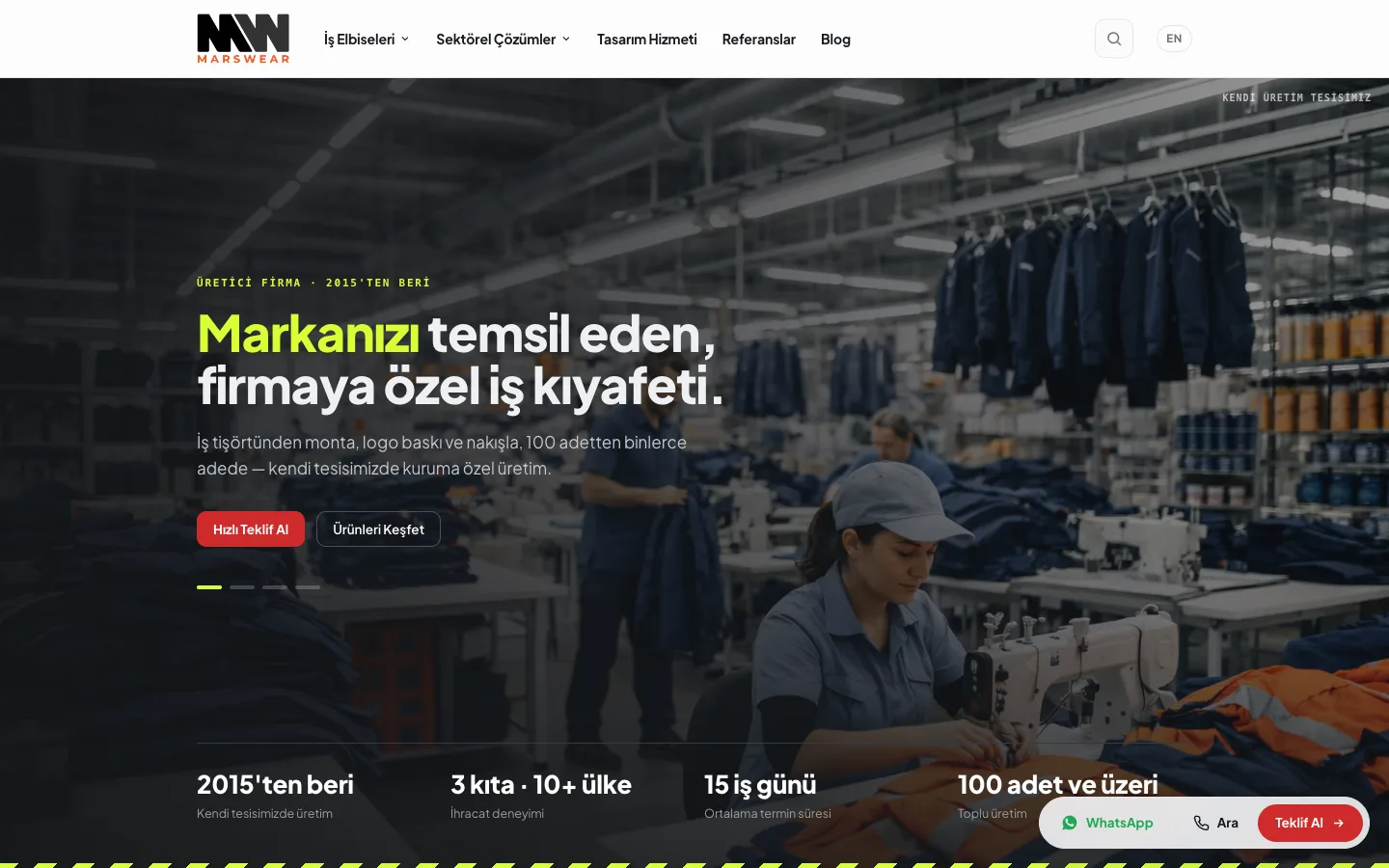 The first screen of the Mars Wear home page in Turkish: a headline about custom workwear over a production facility image