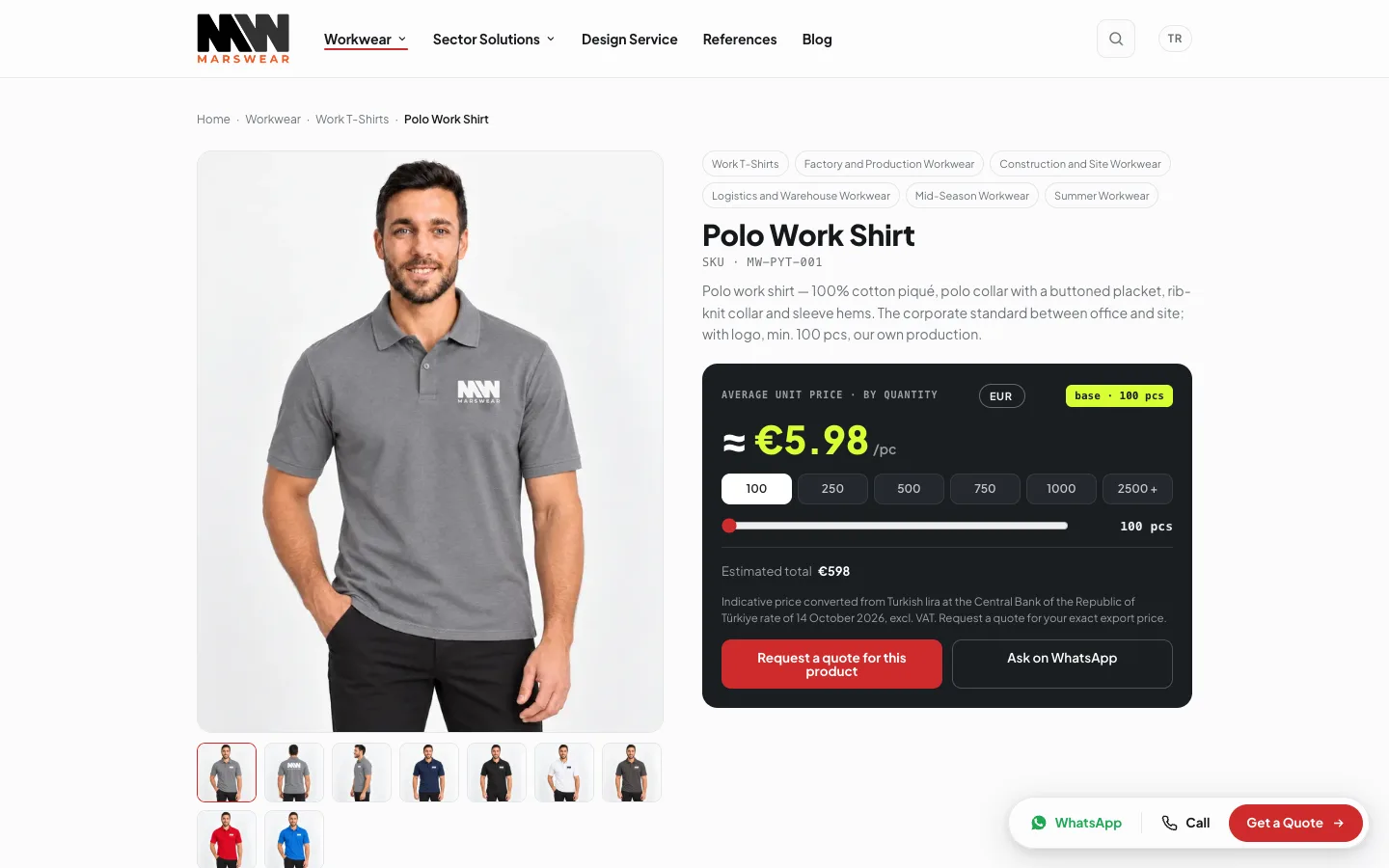 Mars Wear English product page: Polo Work Shirt with the estimated unit price by quantity in euros
