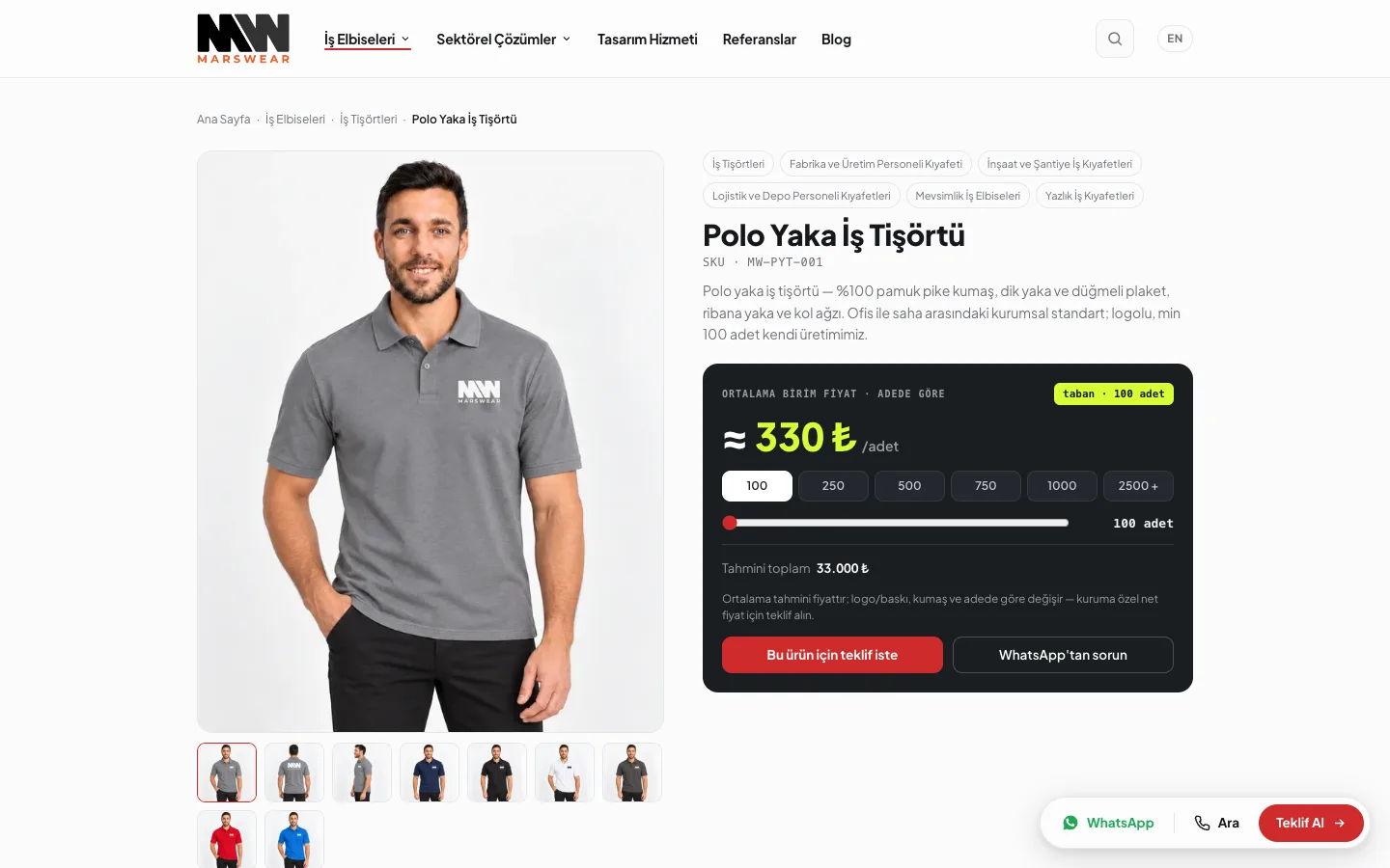 Mars Wear polo work shirt page: product image and the estimated unit price module by quantity
