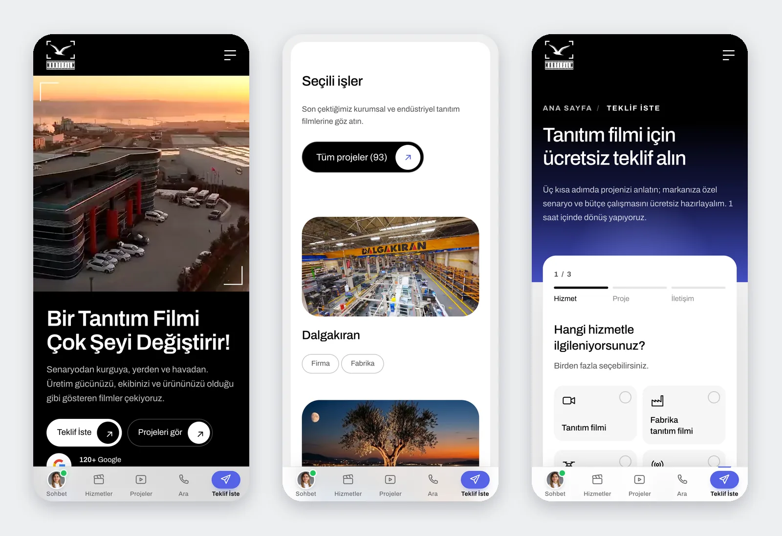 Martı Film mobile view: home page, selected work and the three-step quote form, with a fixed navigation bar at the bottom