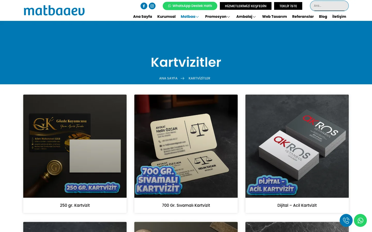 Matbaaev Kartvizitler kategori sayfası: 250 gr, 700 gr sıvamalı ve dijital acil kartvizit ürün kartları, masaüstü